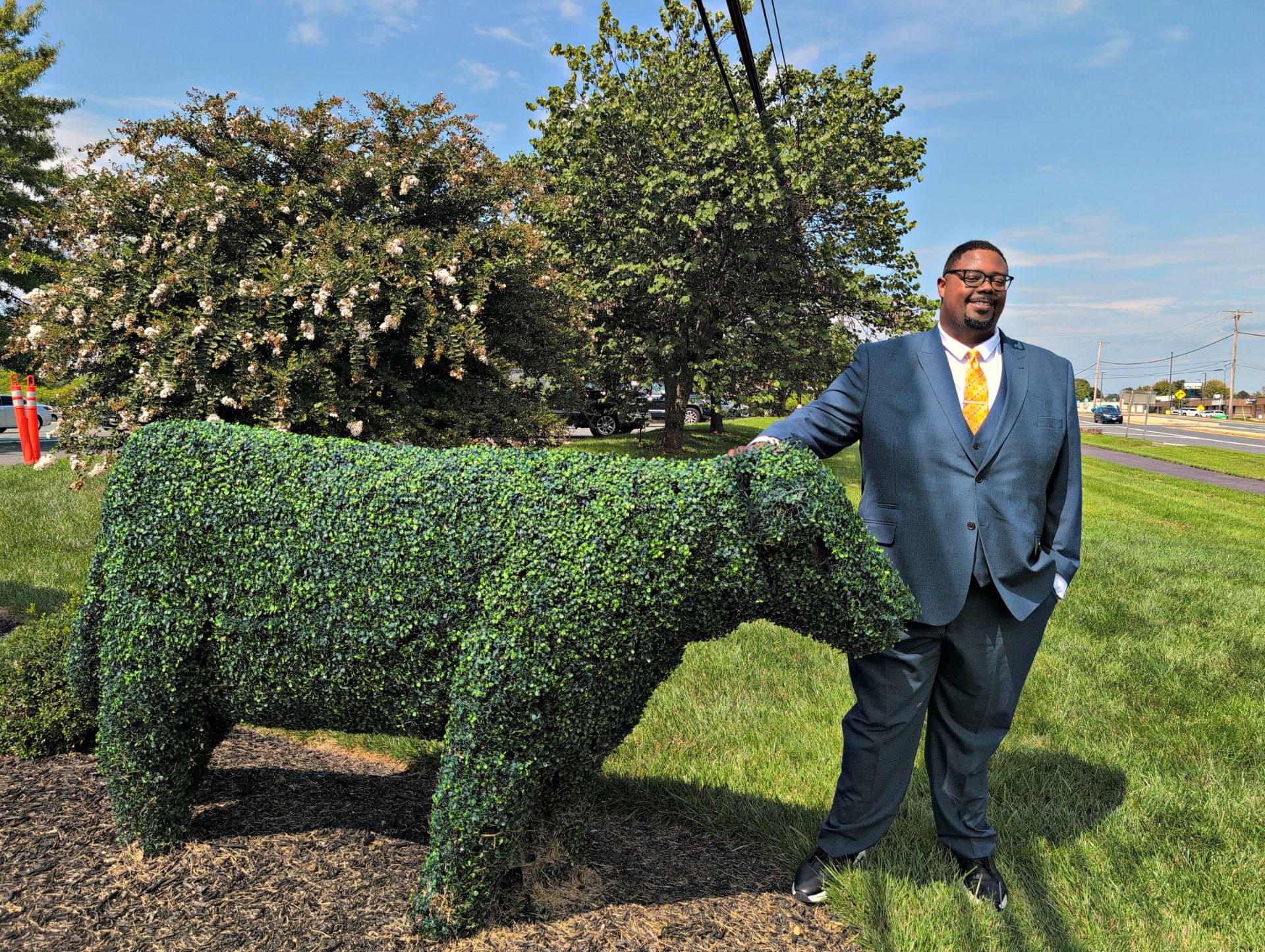 Michael Eckels Jr., candidate for Maryland House of Delegates District 35A, in a blue suit in Forest Hill, Harford County