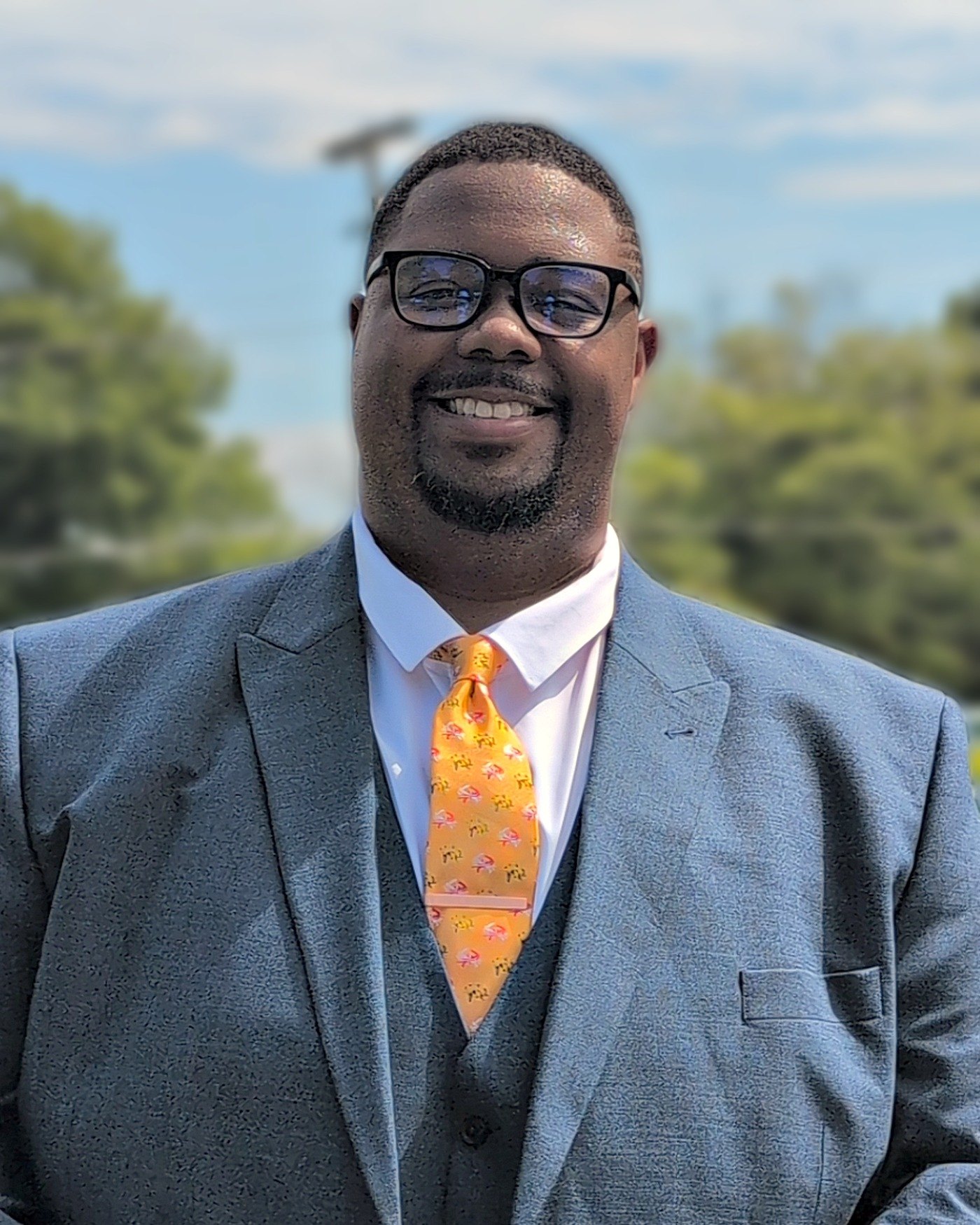 Michael Eckels Jr., candidate for Maryland House of Delegates District 35A, in a blue suit in Harford County